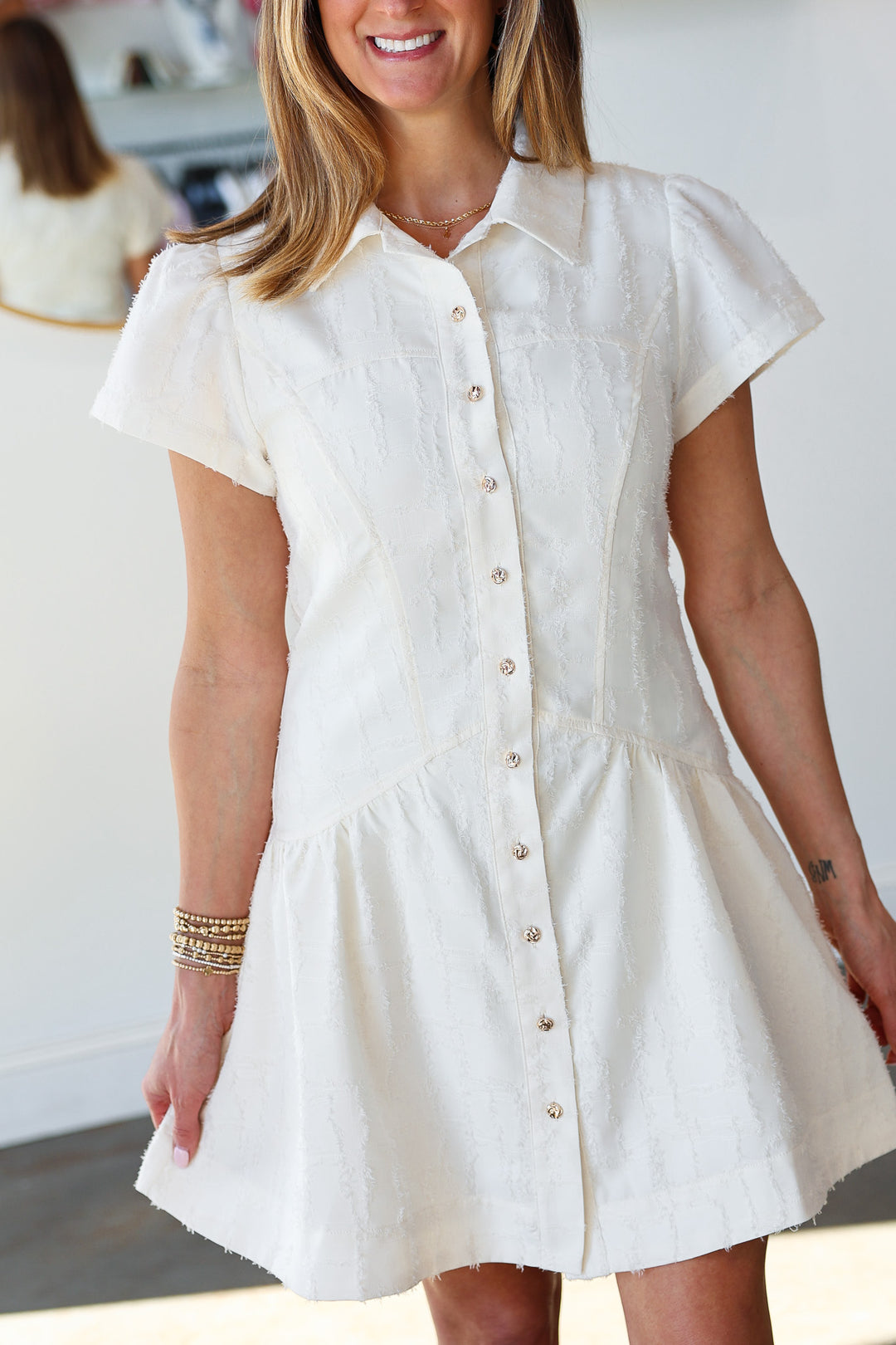 Textured Button Front Dress - Off White