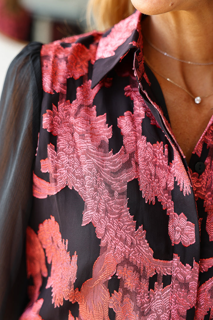 Jacquard Chiffon Button Down Blouse - Black