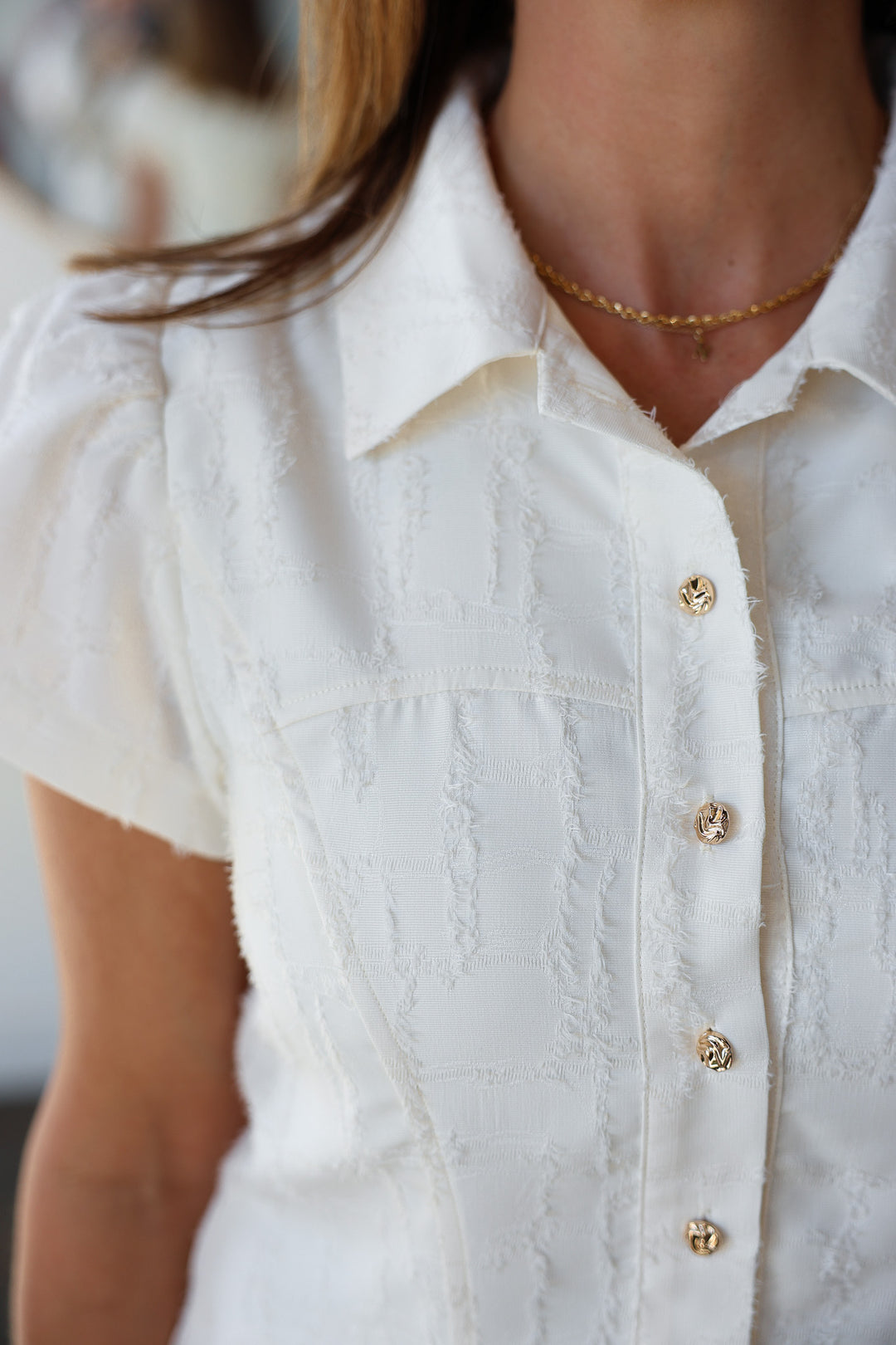 Textured Button Front Dress - Off White