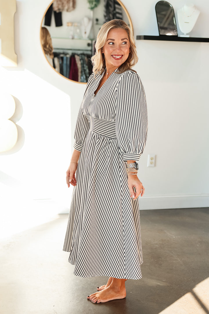 Striped Smocked Waist Dress - Black