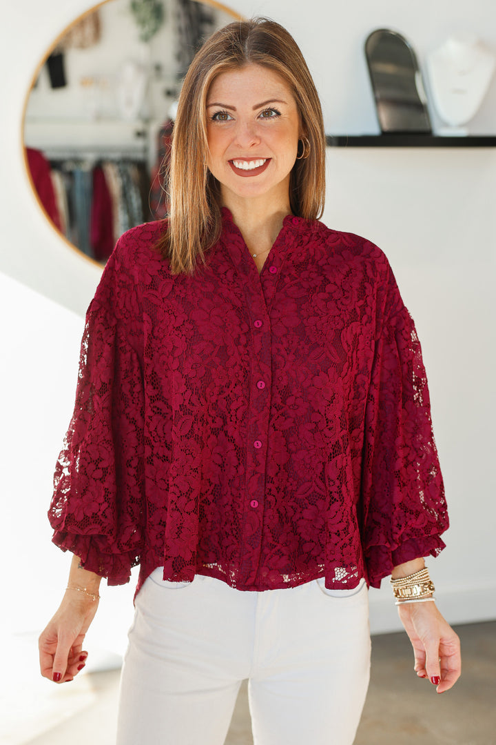 Lace Bubble Sleeve Blouse - Wine