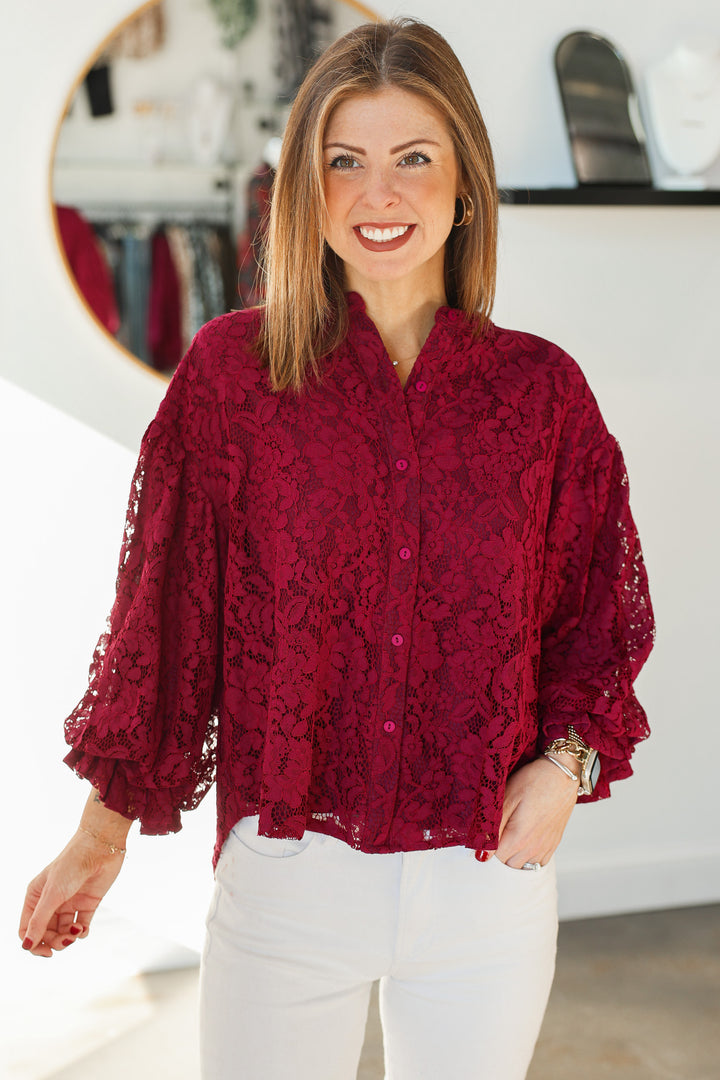 Lace Bubble Sleeve Blouse - Wine