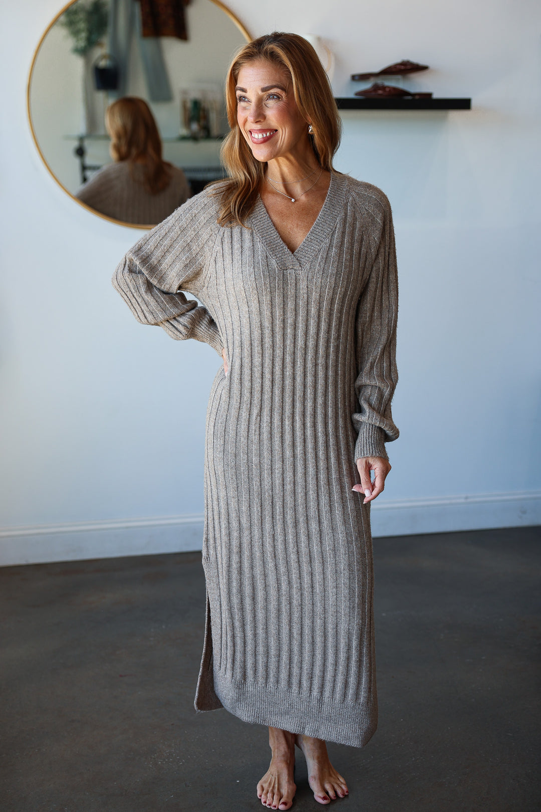 Ribbed Sweater Midi Dress - Taupe