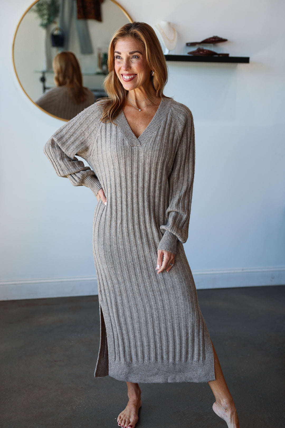 Ribbed Sweater Midi Dress - Taupe