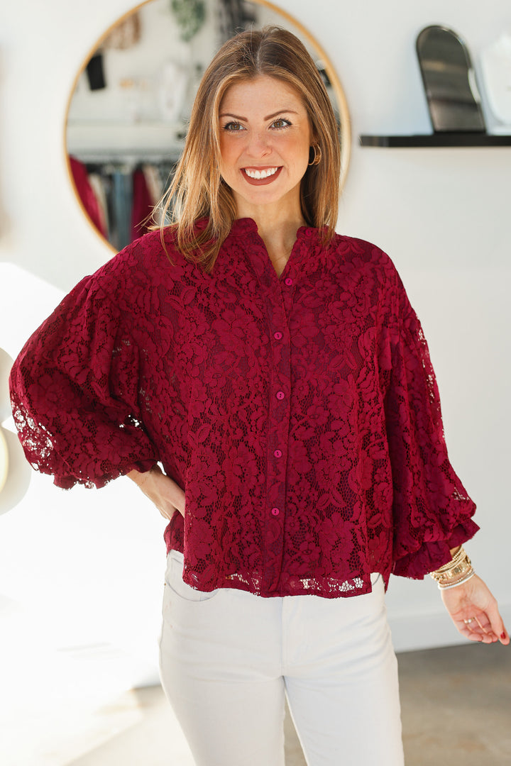 Lace Bubble Sleeve Blouse - Wine