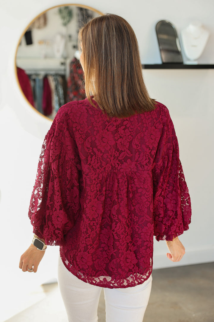 Lace Bubble Sleeve Blouse - Wine