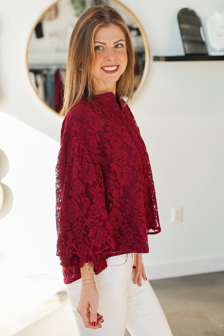 Lace Bubble Sleeve Blouse - Wine