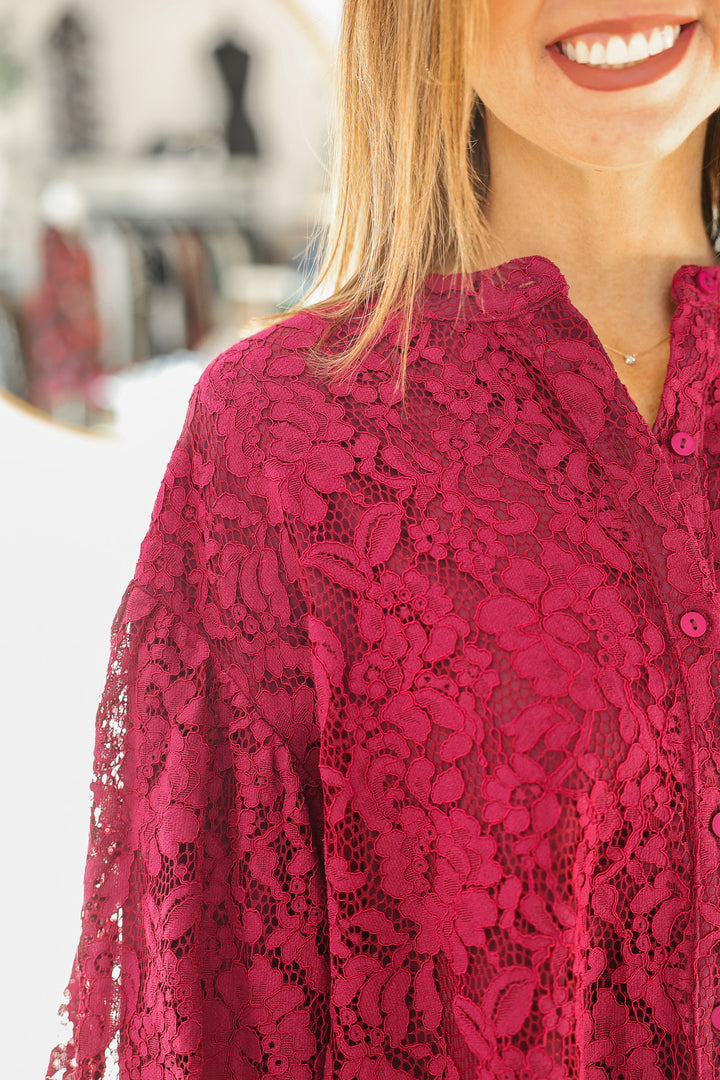 Lace Bubble Sleeve Blouse - Wine