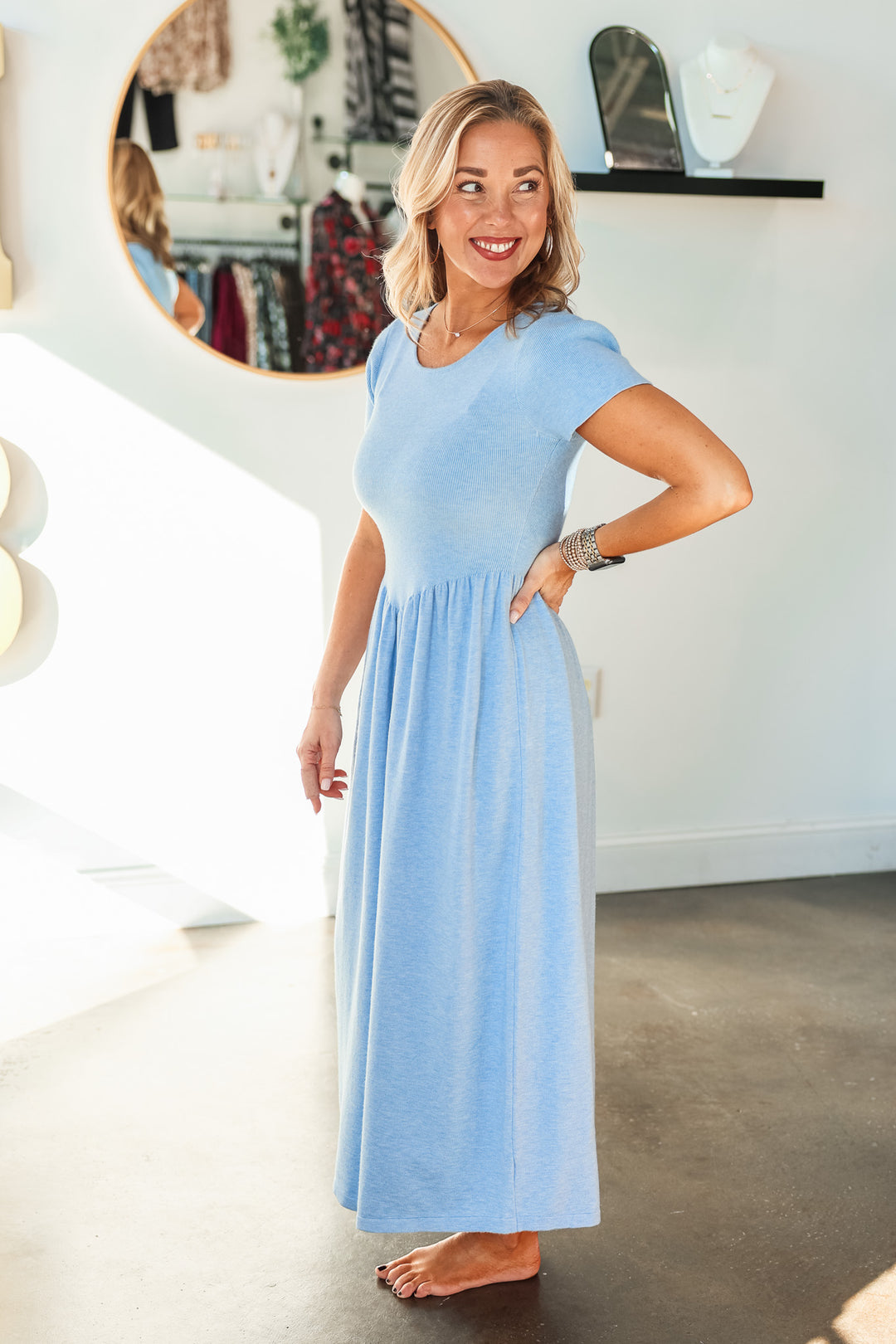 Short Sleeve Sweater Midi Dress - Light Blue