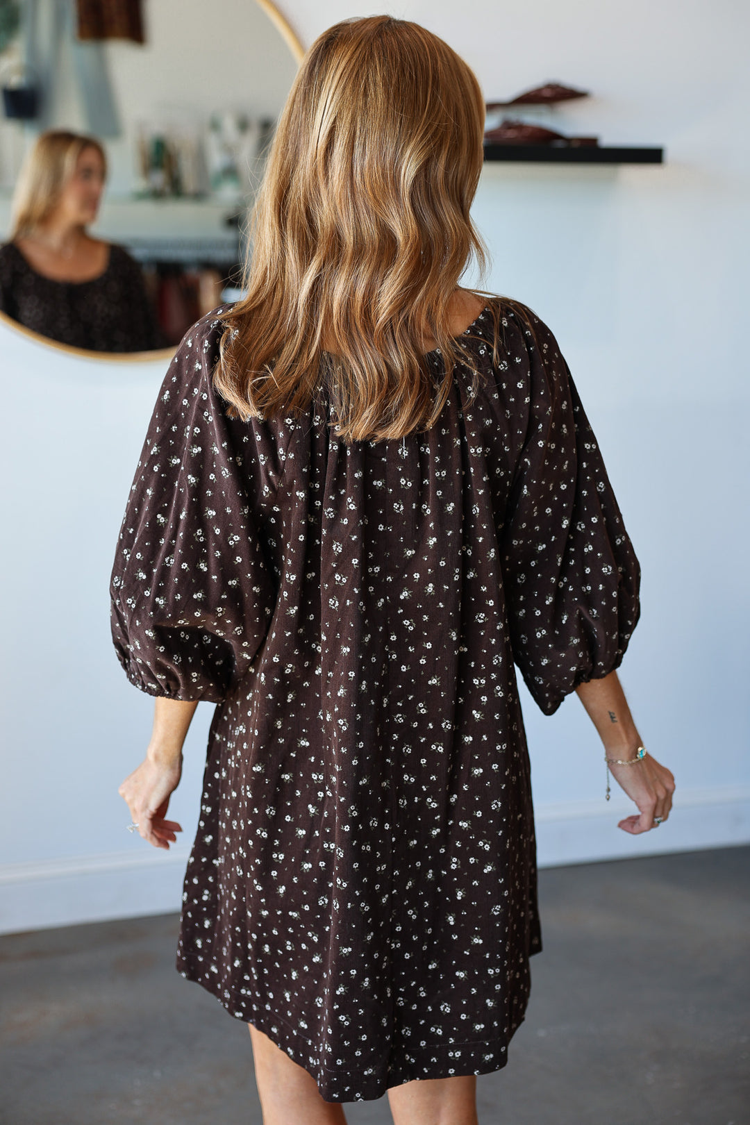 Ditsy Floral Mini Corduroy Dress - Chocolate
