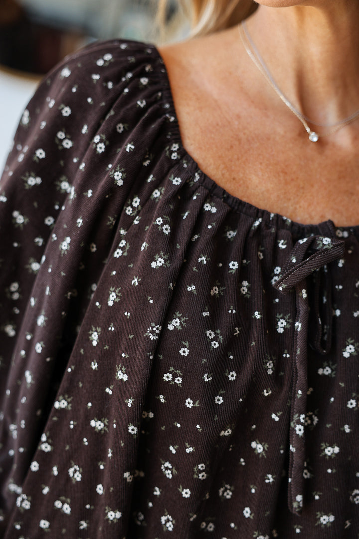 Ditsy Floral Mini Corduroy Dress - Chocolate