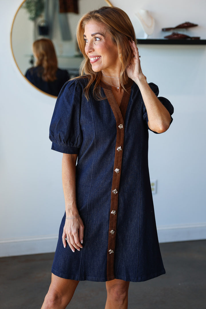 Corduroy Trim Denim Dress