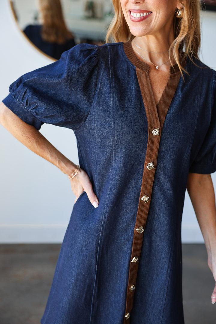 Corduroy Trim Denim Dress