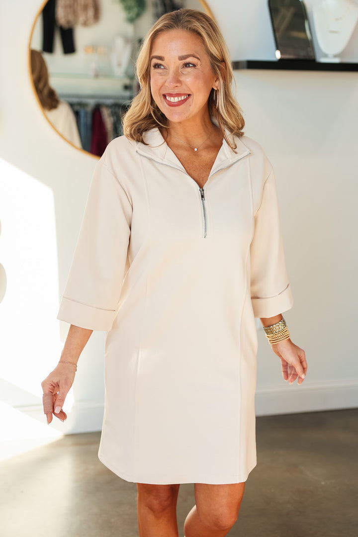 Quarter Zip Scuba Dress - Ecru