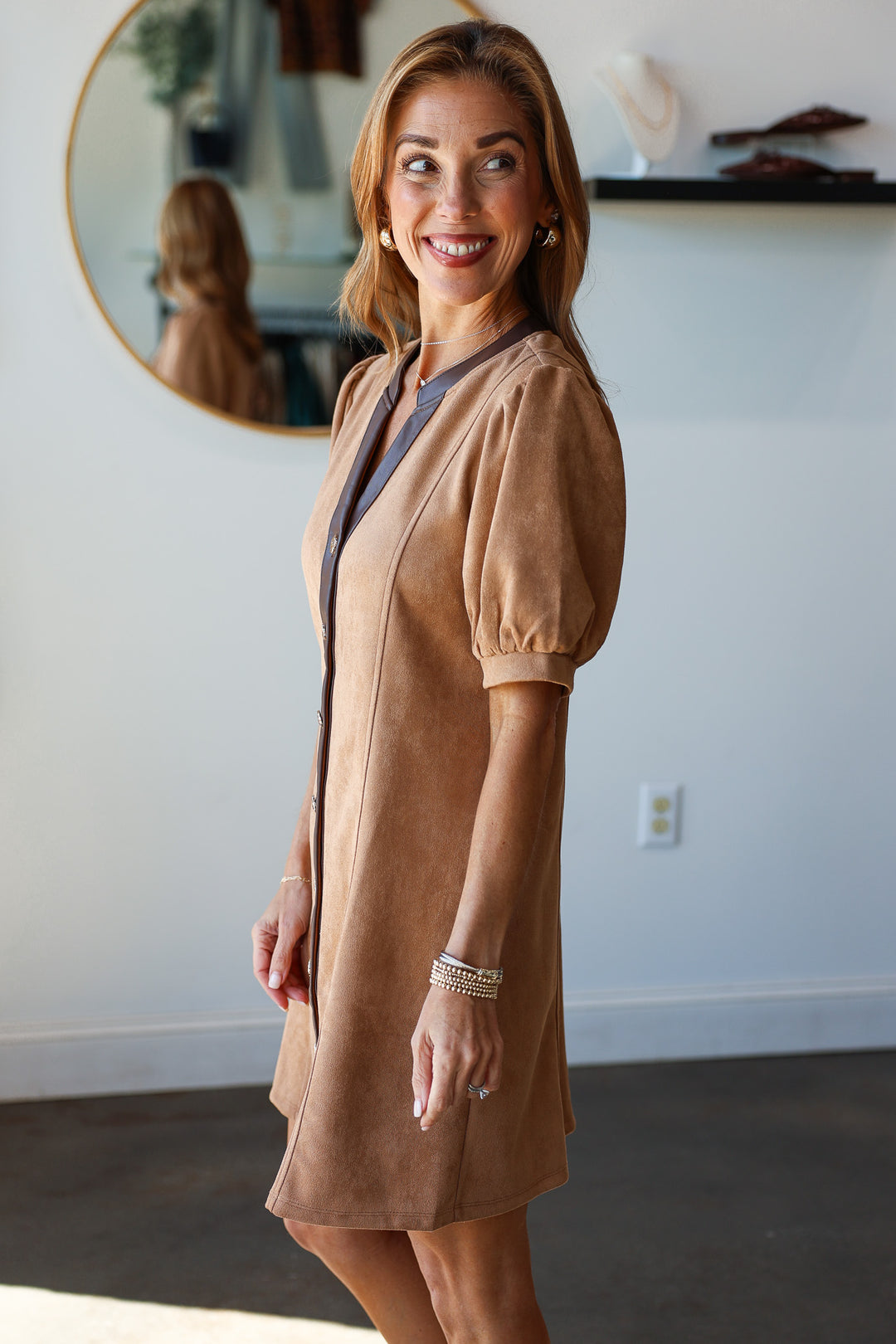 Leather Trim Button Front Dress - Camel