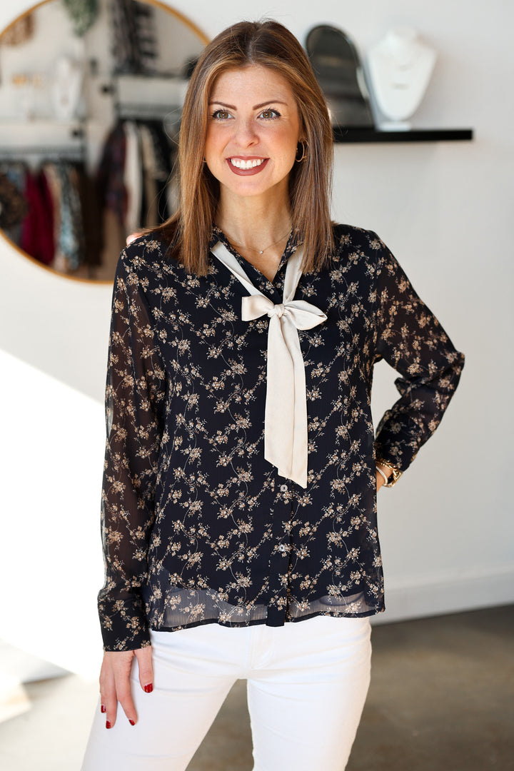 Tie Neck Floral Blouse - Navy