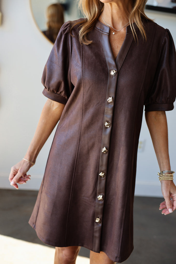 Leather Trim Button Front Dress - Brown