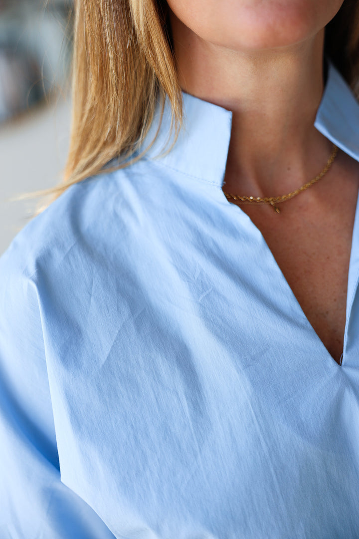 V Neck Relaxed Poplin Top - Blue