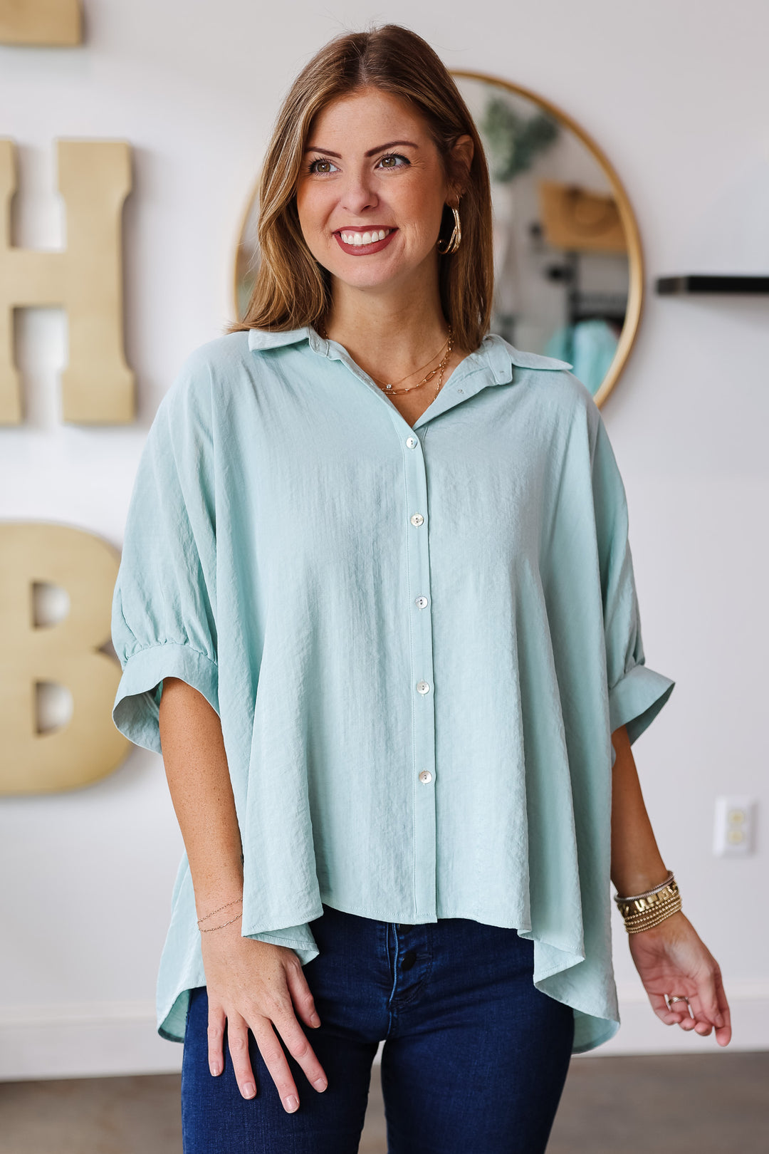 Oversized Button Up Blouse - Cloud Blue