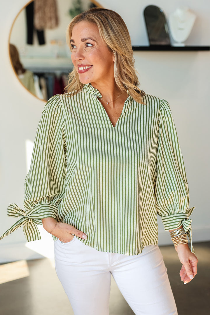 Bow Sleeve Striped Top - Olive