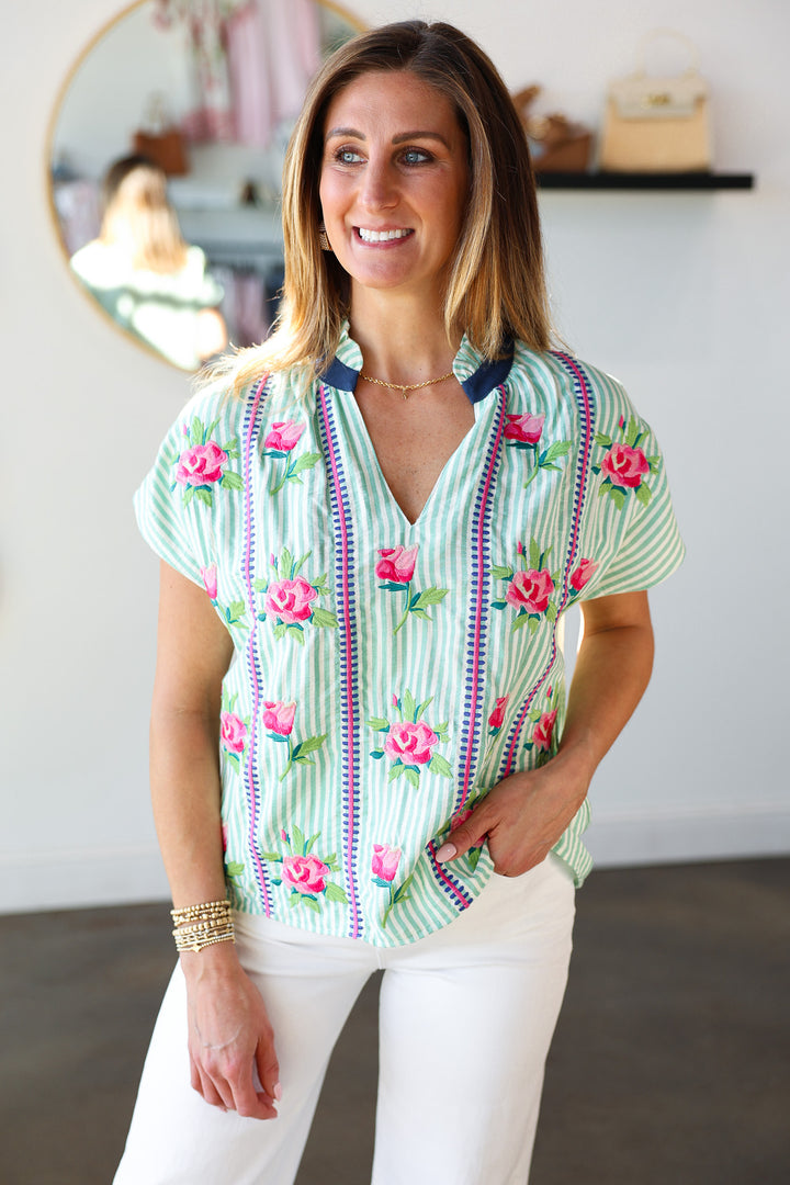 Floral Embroidered Striped Top