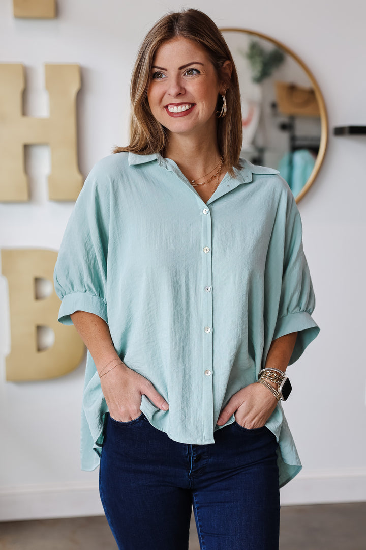 Oversized Button Up Blouse - Cloud Blue