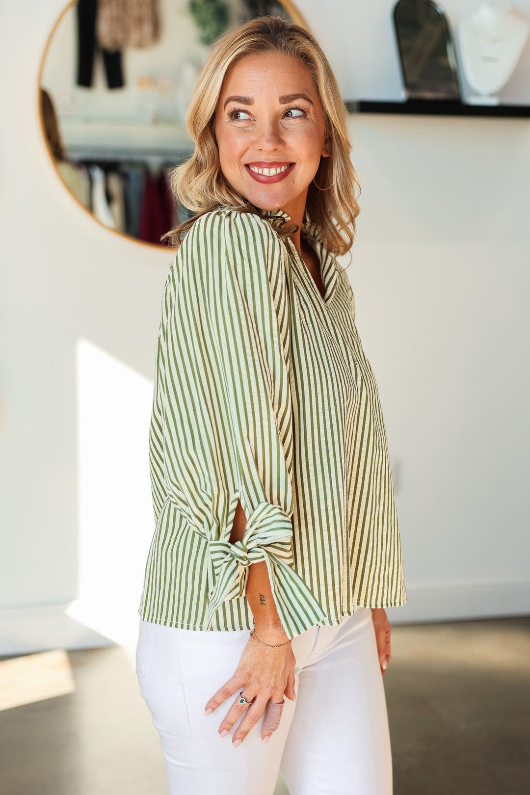 Bow Sleeve Striped Top - Olive