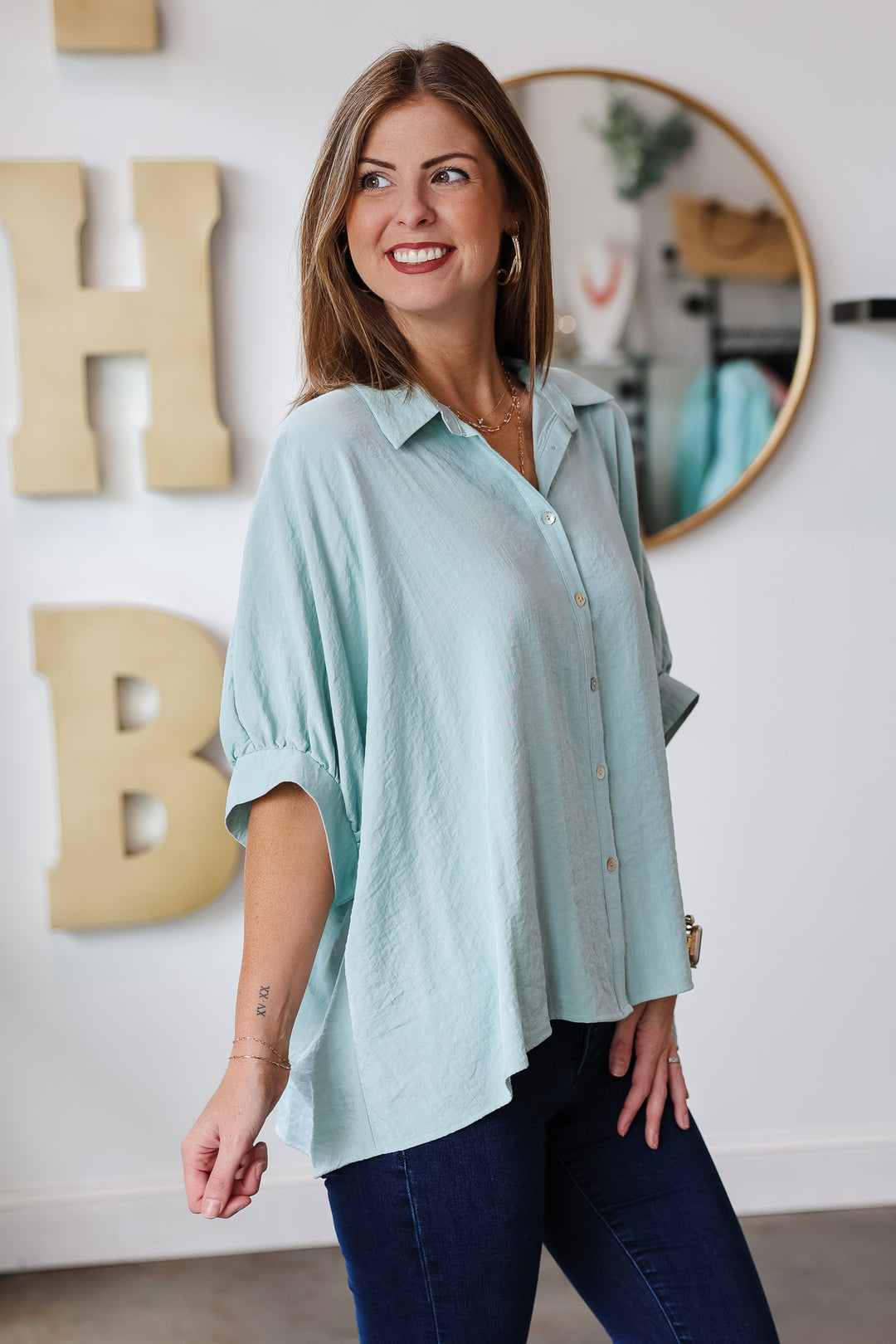 Oversized Button Up Blouse - Cloud Blue