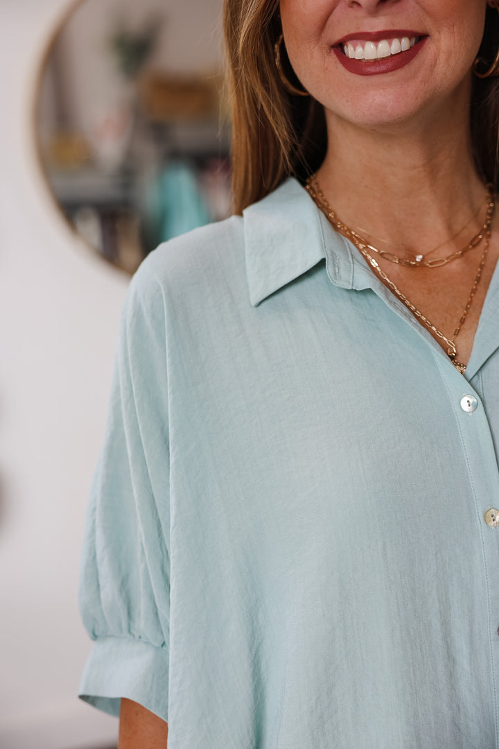 Oversized Button Up Blouse - Cloud Blue