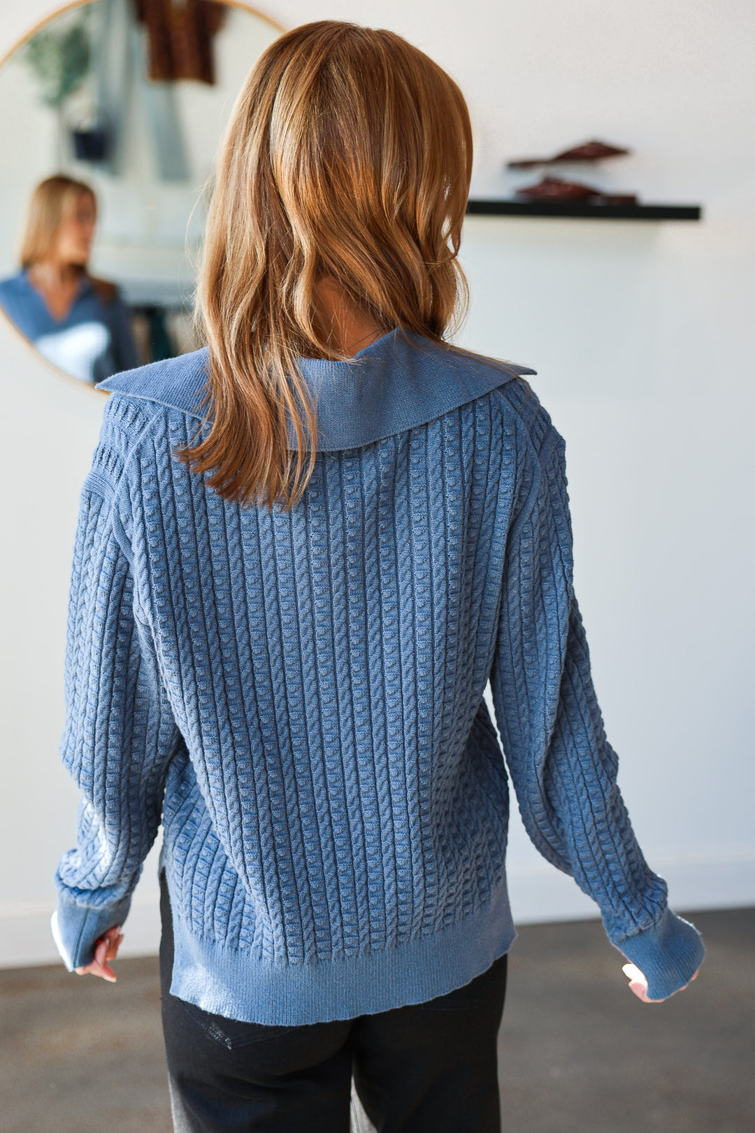 Collared Cable Knit Sweater - Dusty Blue