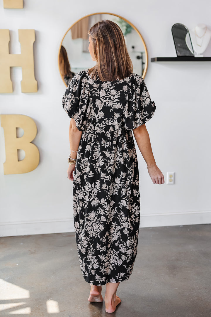 Smocked Floral Maxi Dress - Black