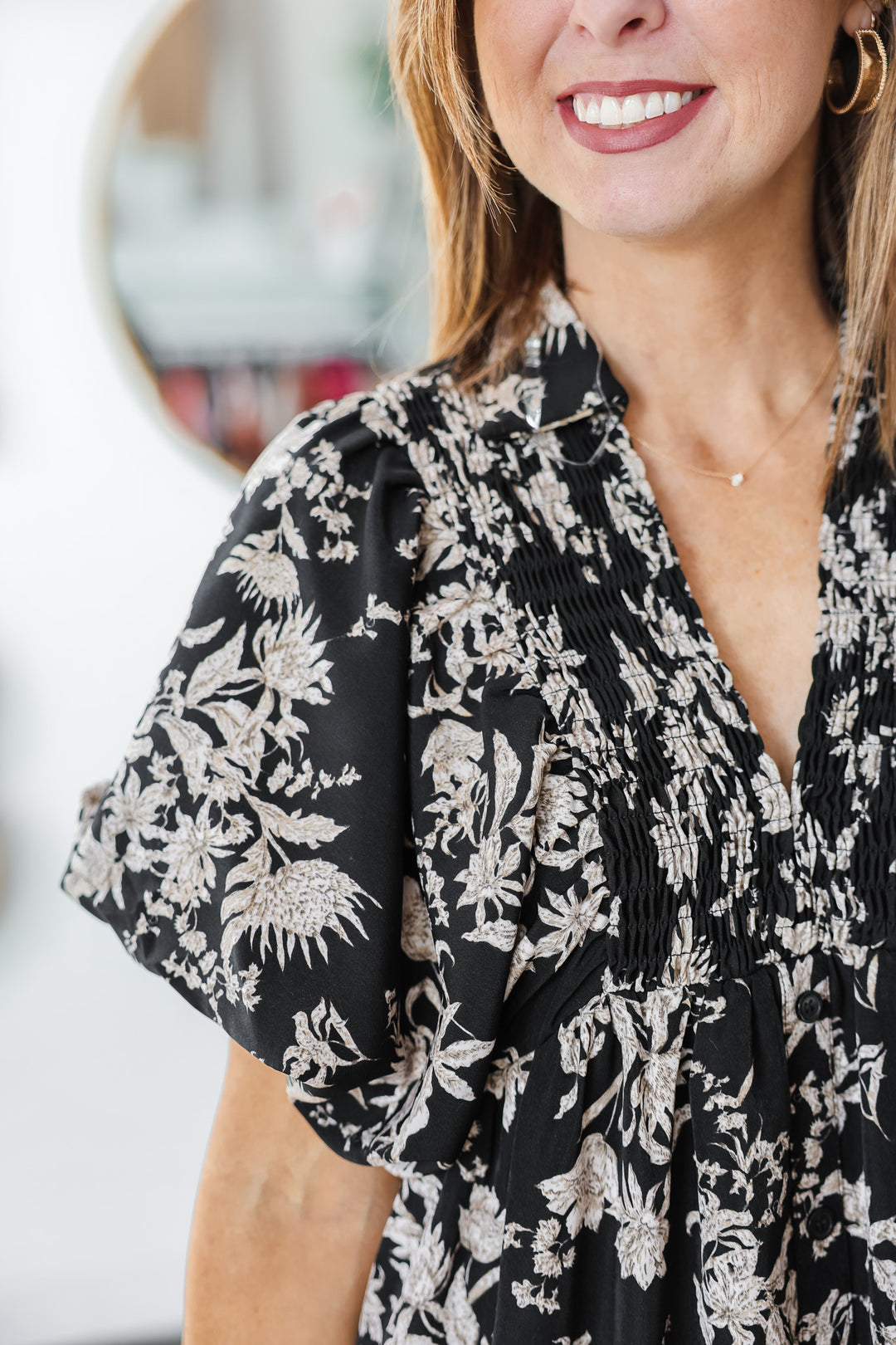 Smocked Floral Maxi Dress - Black