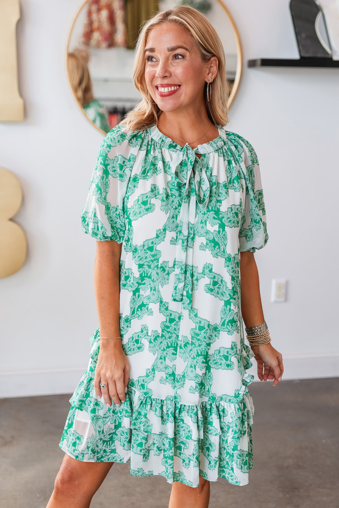 Printed Tie Neck Dress - Green