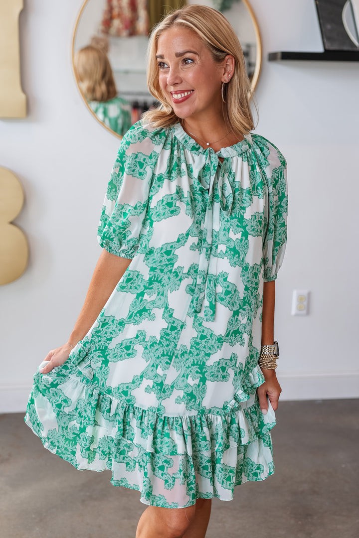 Printed Tie Neck Dress - Green