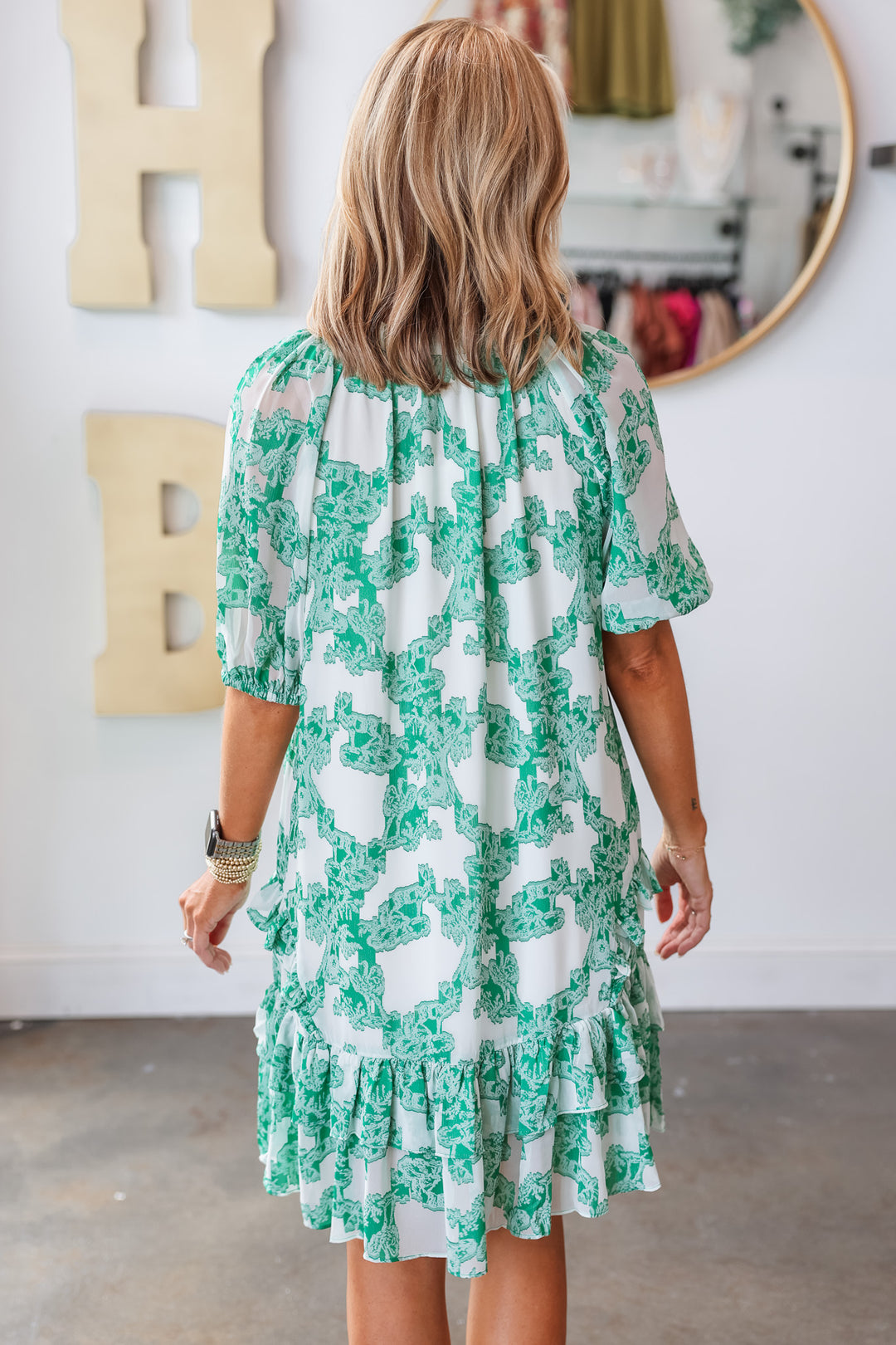 Printed Tie Neck Dress - Green