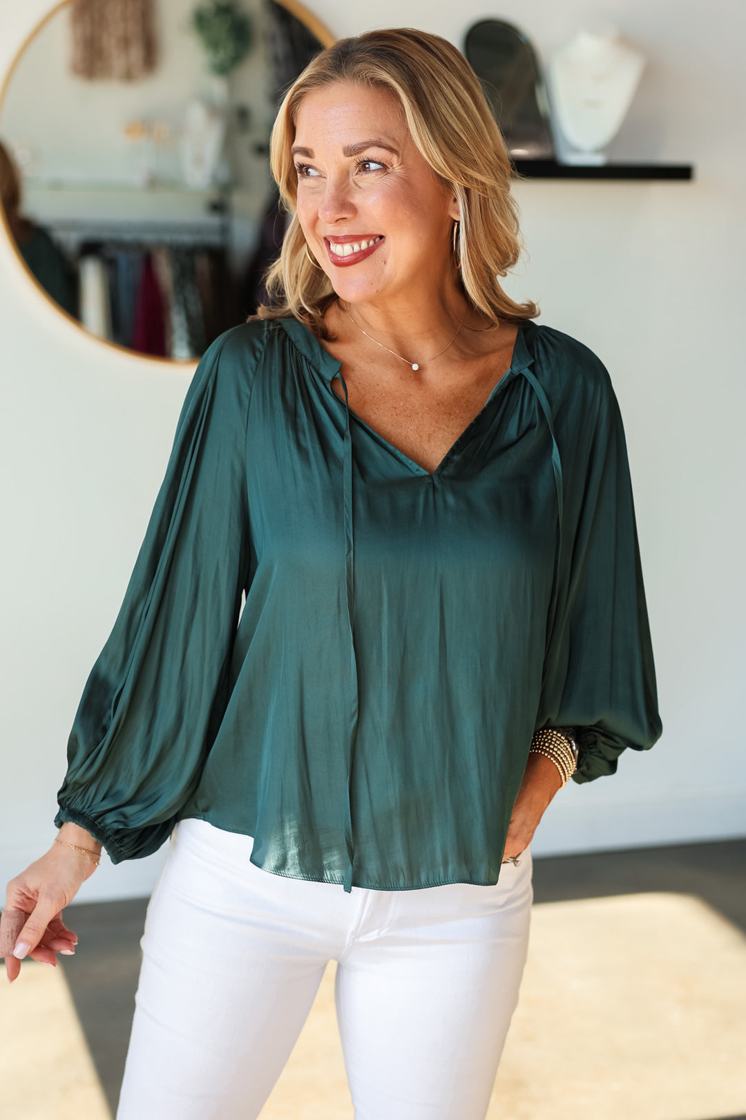 Tie Neck Satin Top - Forest Green