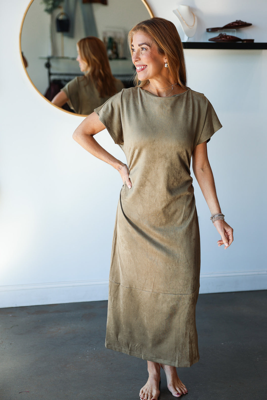 Faux Suede Midi Dress - Olive