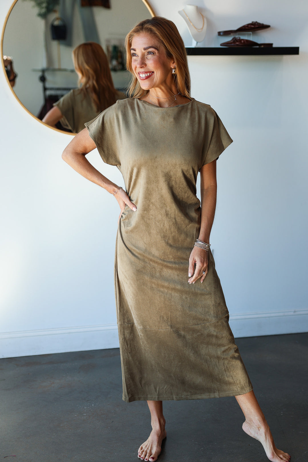 Faux Suede Midi Dress - Olive