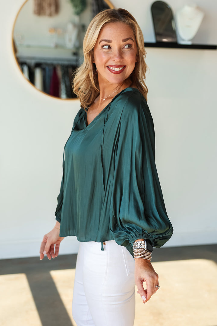 Tie Neck Satin Top - Forest Green