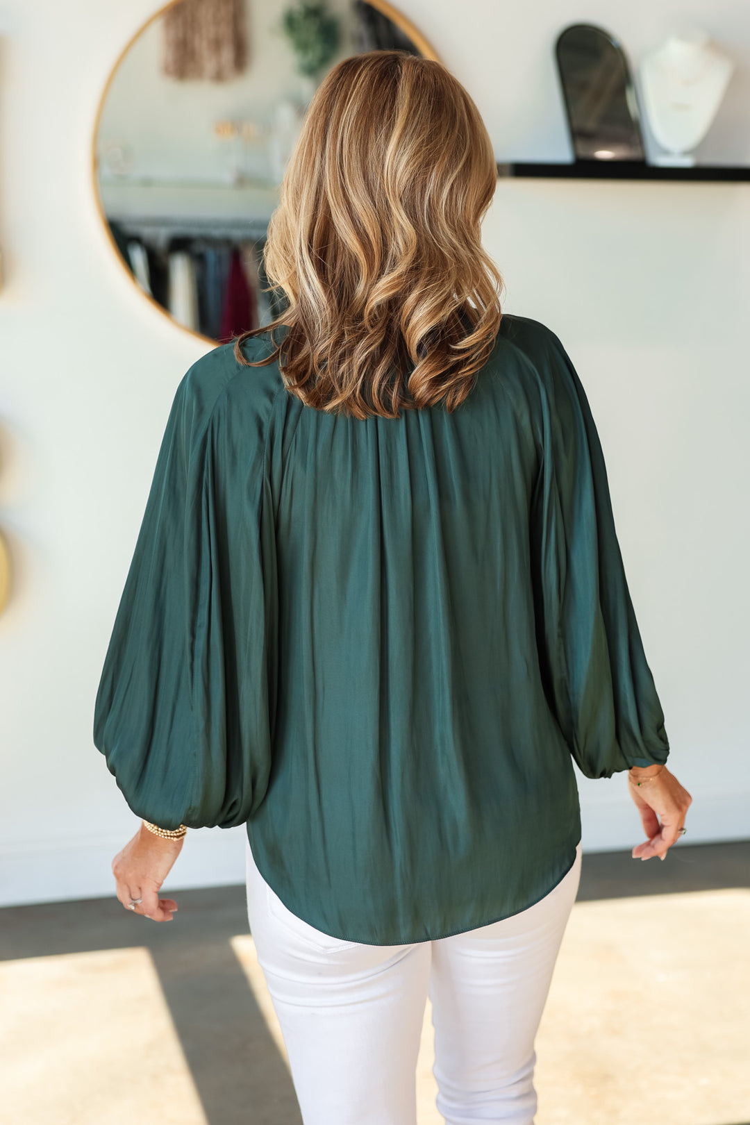 Tie Neck Satin Top - Forest Green