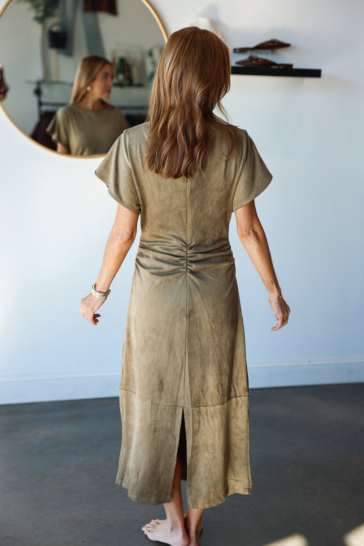 Faux Suede Midi Dress - Olive