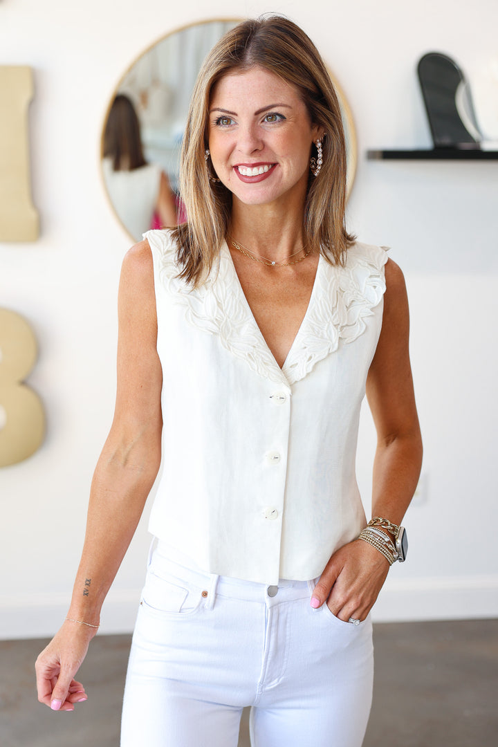 Embroidered Collar Tank - Off White