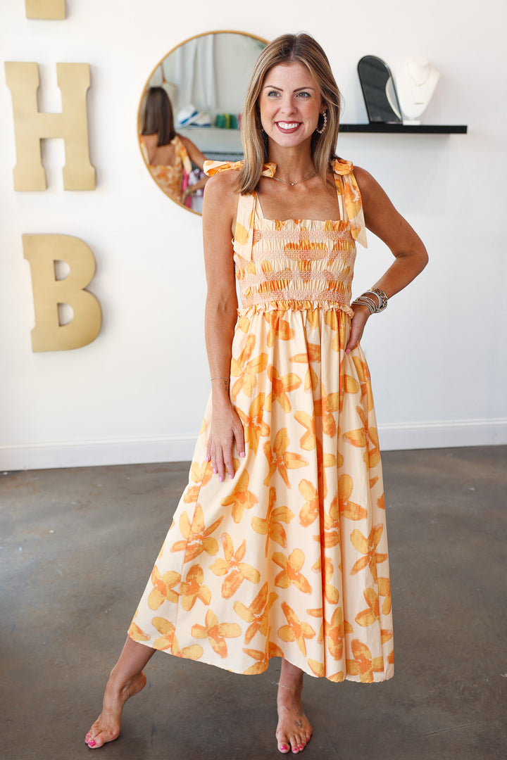 Floral Print Smocked Midi Dress - Orange