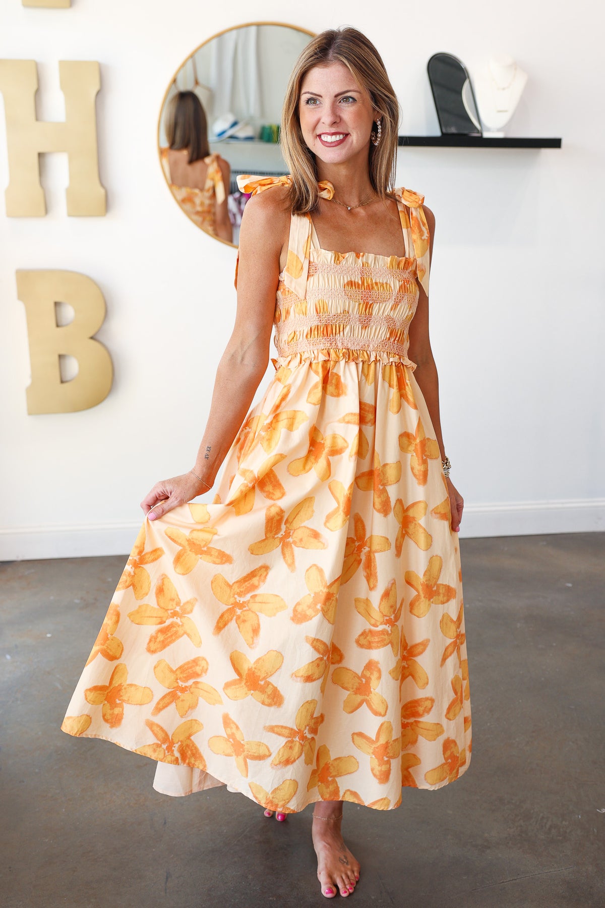 orange smock dress Floral Print Smocked Midi Dress