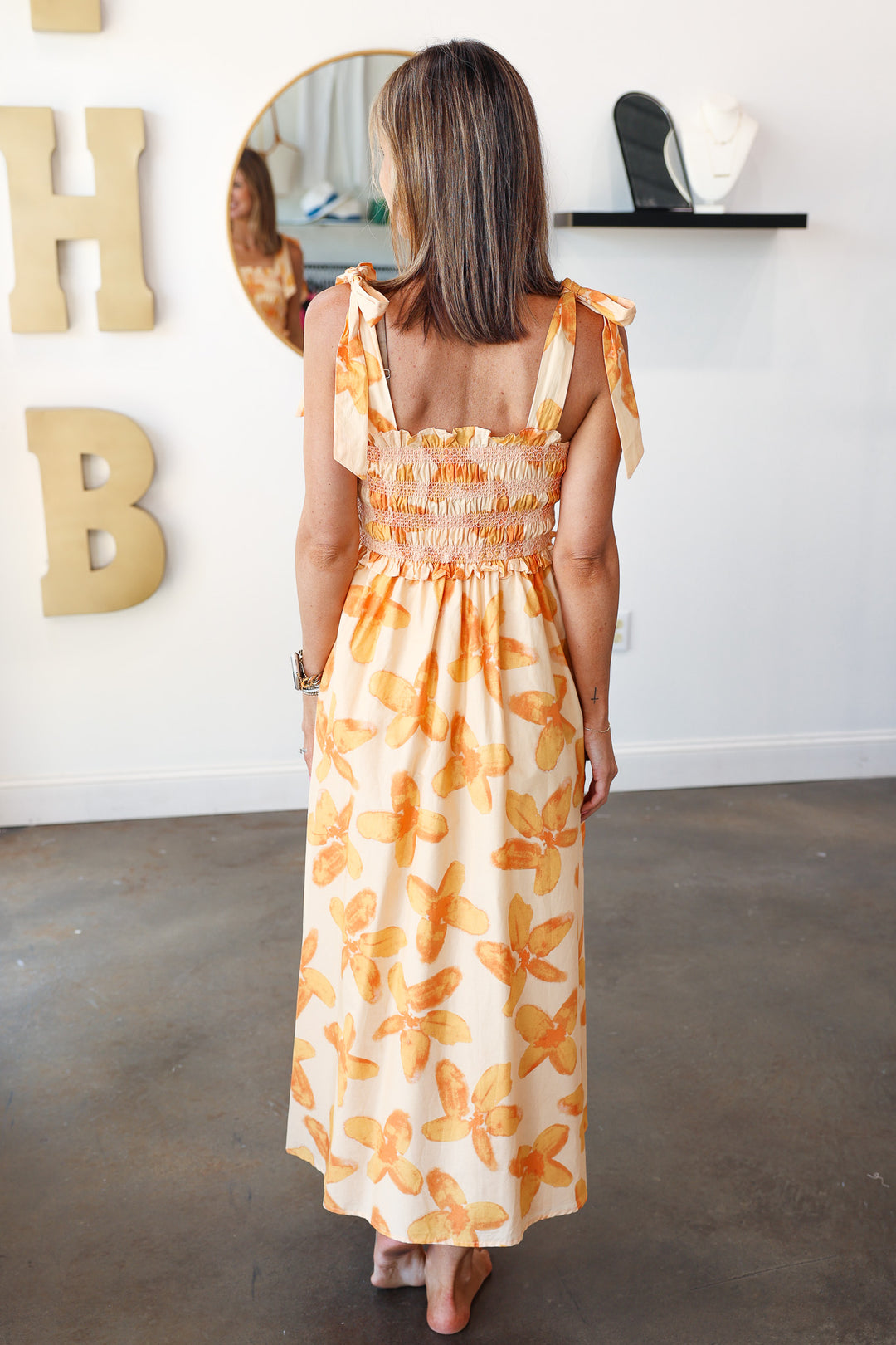 Floral Print Smocked Midi Dress - Orange