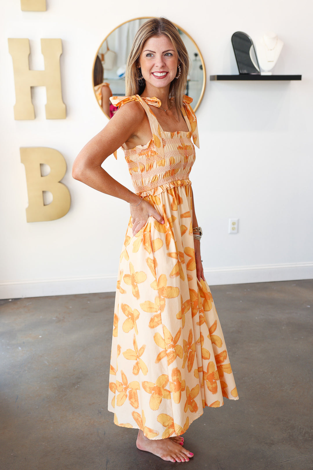 Floral Print Smocked Midi Dress - Orange
