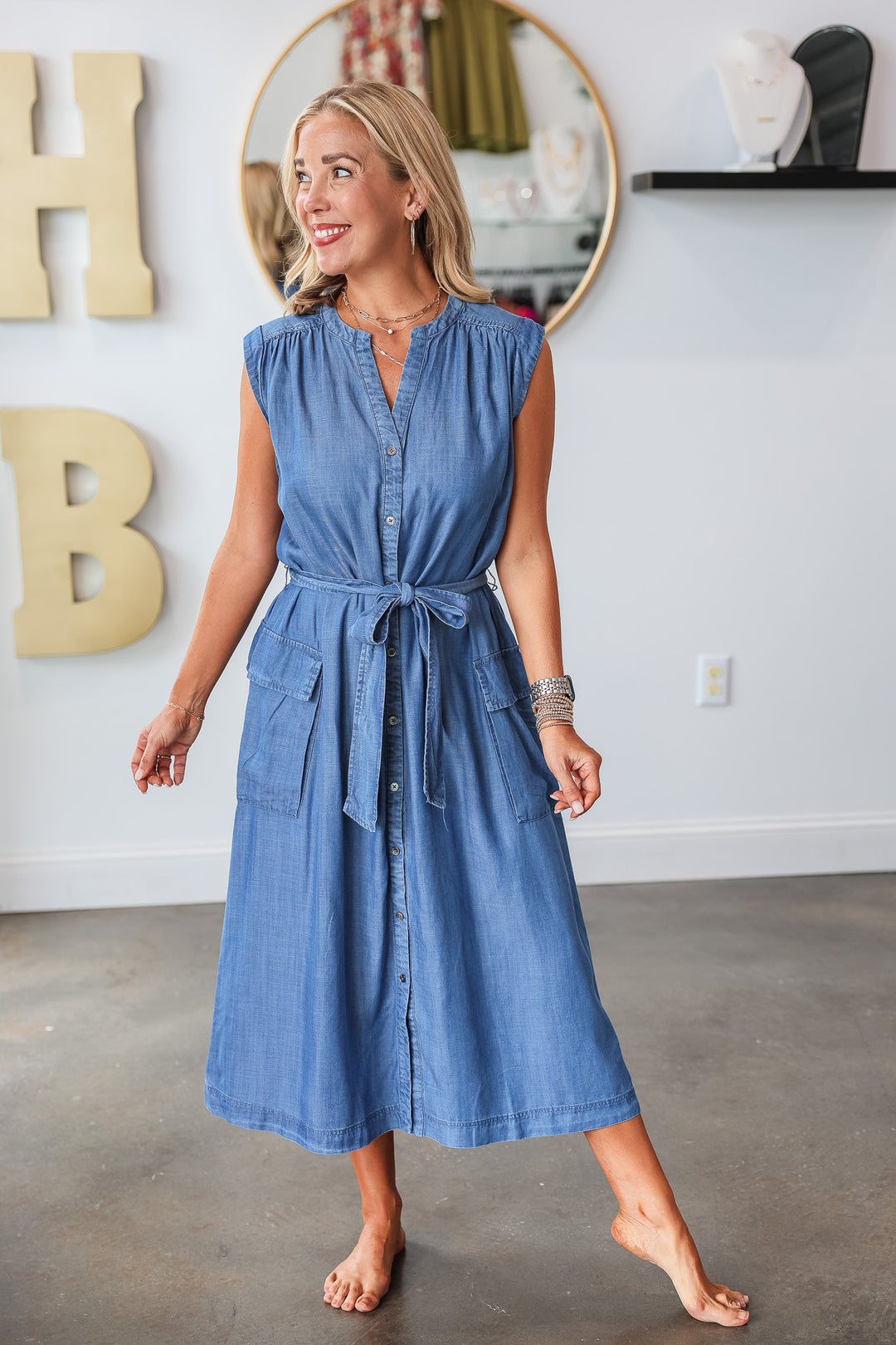 Button Down Tie Waist Dress - Chambray