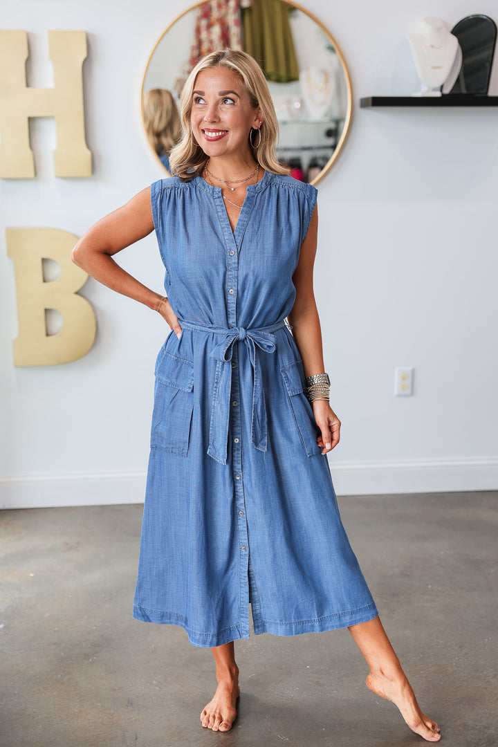 Button Down Tie Waist Dress - Chambray