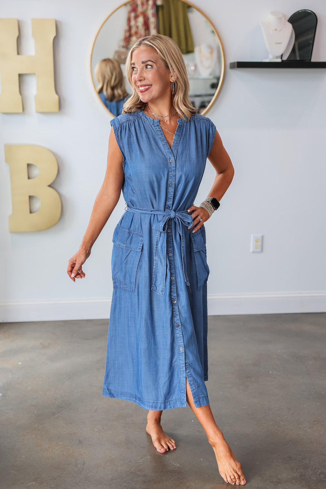 Button Down Tie Waist Dress - Chambray