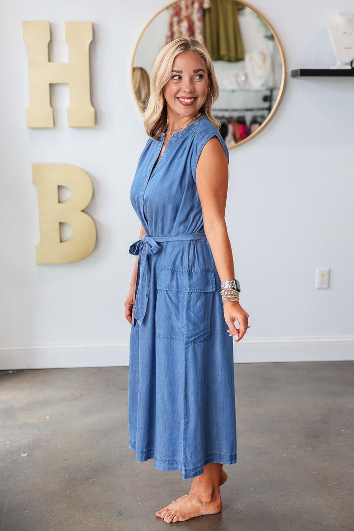 Button Down Tie Waist Dress - Chambray